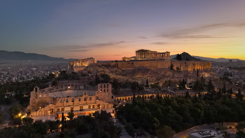 Aerial View of Athens, Greece at Sunrise Showcasing Acropolis and Surrounding Landscapes With Vibrant Morning Colors Illuminating Ancient City and Iconic Parthenon 