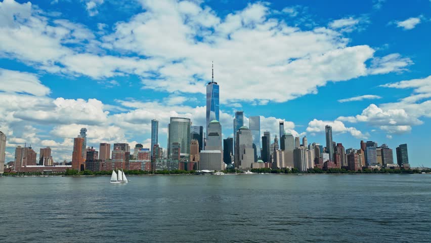 New York, United States. New York city skyline in Midtown Manhattan. USA, NYC, NY, Manhattan. American big city. Lower Manhattan skyline. New York from New Jersey. Downtown Manhattan with blue sky.