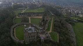 An aerial footage of the historic Bolsover Castle in the town of Bolsover, in the north-east of the English county of Derbyshire, England, UK - Powered by Shutterstock - Get 15% off with code: PIKWIZARD15