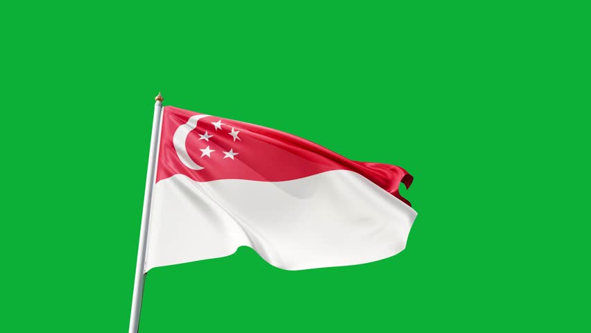 flag of Singapore on a green screen, no background, transparent background, waving in the wind, national symbol of Singapore, oceania country, tall flagpole, video of a flag