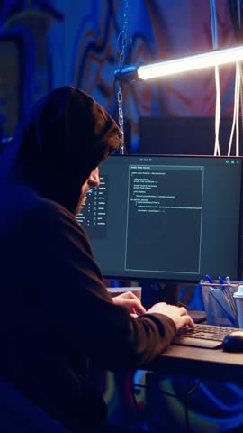 Vertical video Hacker uses PC to target vulnerable unpatched connections, seeking to compromise digital devices and steal valuable sensitive data. Rogue programmer finds exploits for system