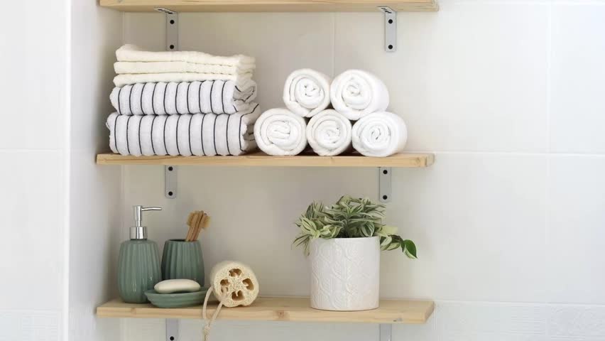 A woman takes clean white towels folded in the form of rolls on a shelf in the bathroom. The concept of organization and storage.