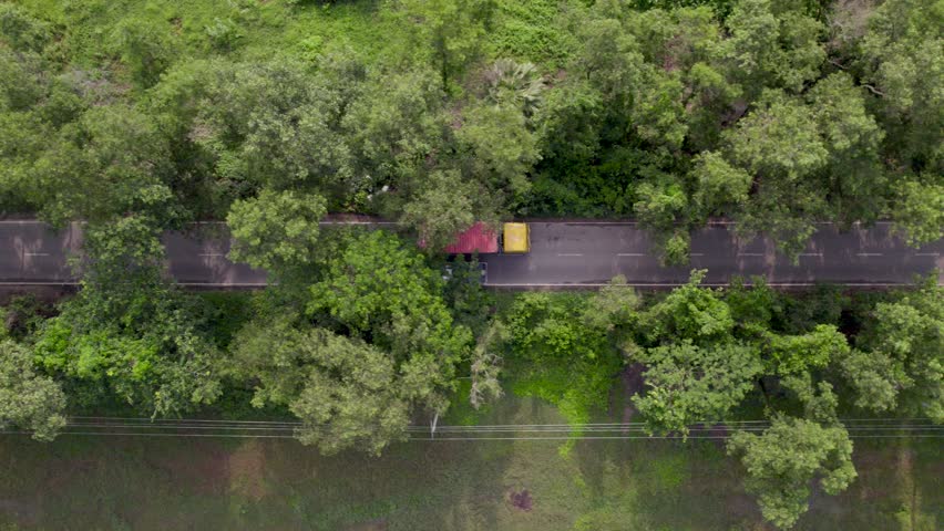An aerial footage of a cargo truck, and three wheeler vehicles driving on a narrow paved road in a rural village on a sunny day in Bangladesh