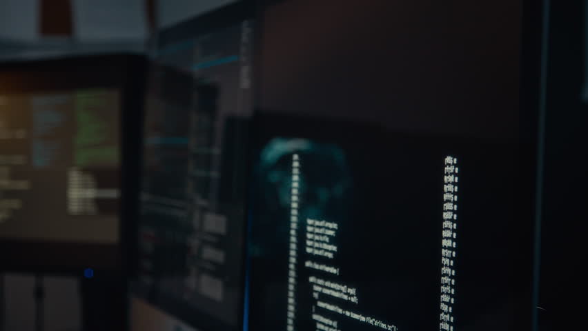 Close-up no people shot of multiple computer screens in IT security room in corporate office, with white lines of code running on black background while defending from hacker attack