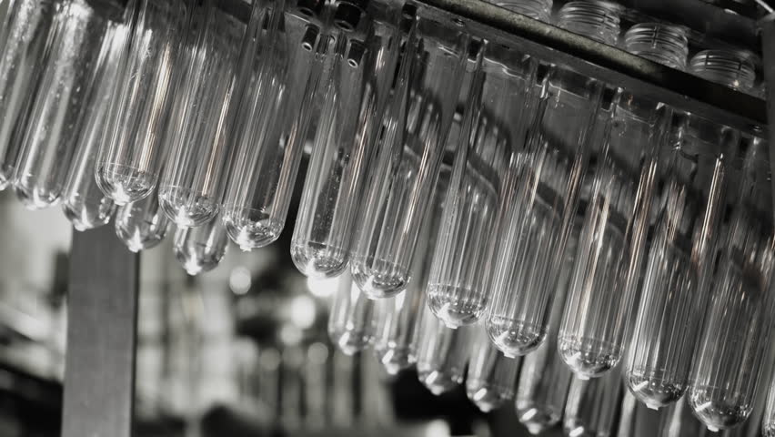 Line for the production of plastic bottles from blanks using the inflation method. Line for pet containers. The raw shape of a plastic water bottle on a conveyor belt.