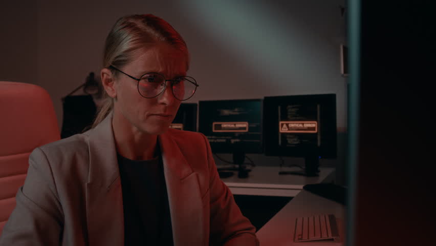 Medium shot of panicking Caucasian female system administrator and African American male supervisor shouting and arguing while discussing system failure during hacking attack, in red flashing light