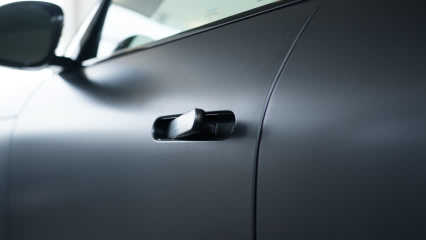 Close up man hand open door handle new car auto automobile client buyer owner dealership salon transport test drive opening seat driver get sitting inside rent service ride vehicle credit traffic male