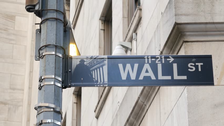 New York City United States. Lower Manhattan Downtown Financial District urban architecture. American Wall street road sign near Stock Exchange building, USA Stock Market.