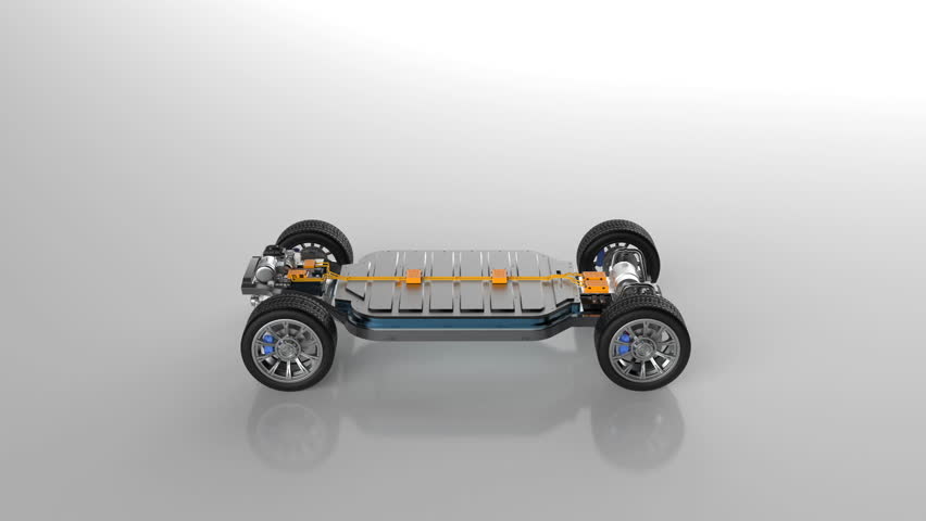 3d rendering exploded view of electric vehicle battery or pack of lithium-ion pouch cells module with undercarriage 4k footage