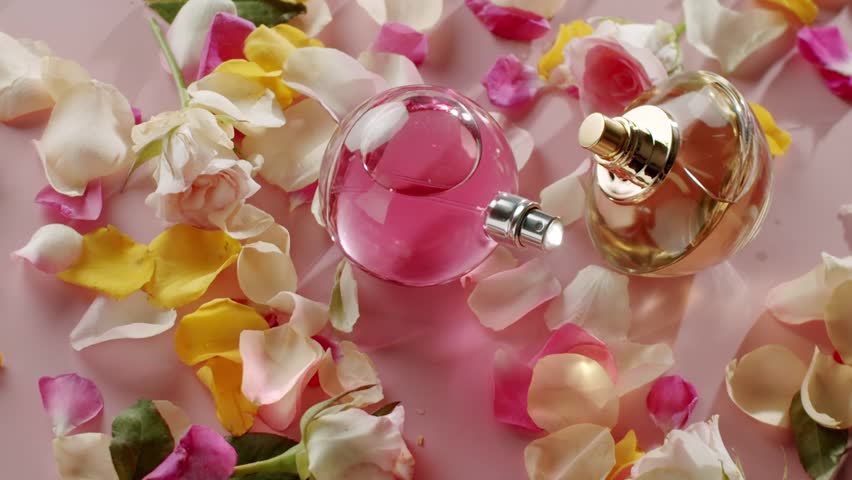 Two elegant perfume bottles surrounded by vibrant flower petals on a pink background, conveying luxury and femininity. Elegant Perfume Bottles with Flower Petals on a Pink Background