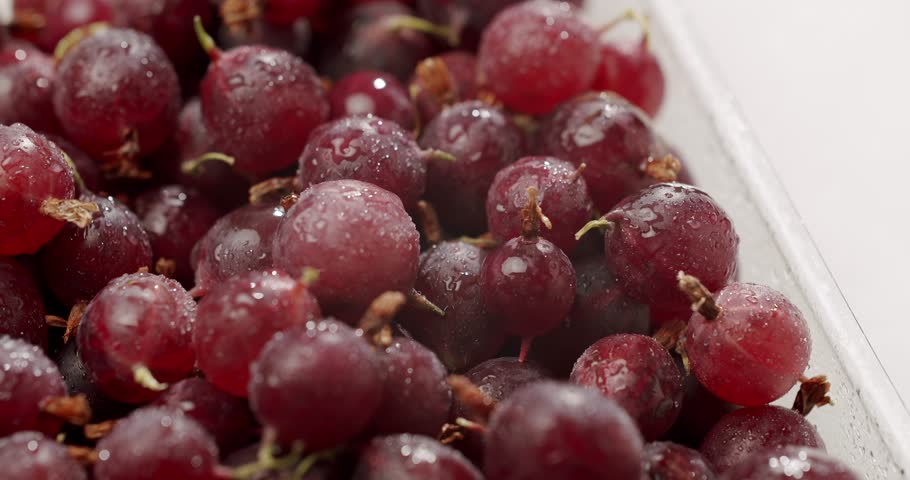 High-resolution close-up shot of fresh, ripe red gooseberries with water droplets, in a plastic tray. Perfect for themes of freshness, fruit, and healthy eating. Red gooseberry