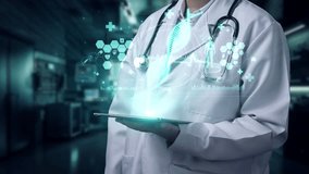Close up of skilled medical worker holding tablet with DNA holographic. Professional doctor checking and DNA sample or genetic material to analyzing patient symptom. Technology innovation. Remedial. - Powered by Shutterstock - Get 15% off with code: PIKWIZARD15