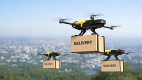 Drone delivering goods in the city, Autonomous delivery robot, Business air transportation concept - Powered by Shutterstock - Get 15% off with code: PIKWIZARD15