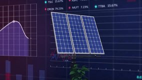 Animation of solar panels over charts and financial data processing on black background. Solar power, renewable resources, energy, data and digital interface technology, digitally generated video. - Powered by Shutterstock - Get 15% off with code: PIKWIZARD15