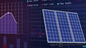 Animation of solar panels over charts and financial data processing on black background. Solar power, renewable resources, energy, data and digital interface technology, digitally generated video. - Powered by Shutterstock - Get 15% off with code: PIKWIZARD15
