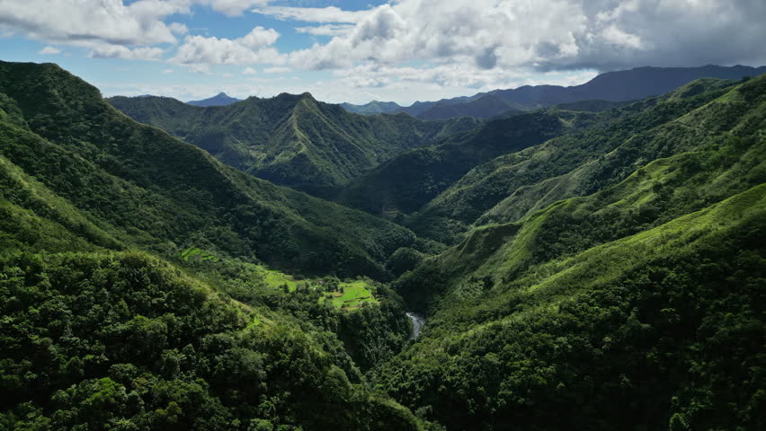 Aerial view of picturesque Cordillera mountains and Batad Rice Terraces in Ifugao Province, Luzon Island, Philippines, 4k