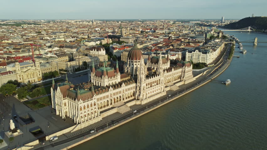 Aerial view of Budapest city and Hungarian Parliament building on Danube river, Hungary, 4k