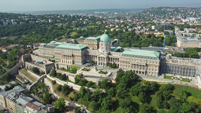 Aerial around view of Buda Castle Hill and the Danube river, Budapest, Hungary, 4k