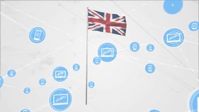 Animation of network of computer and smartphone icons over union jack uk flag on white background. Uk, communication, connection, data and networking, digitally generated video. - Powered by Shutterstock - Get 15% off with code: PIKWIZARD15