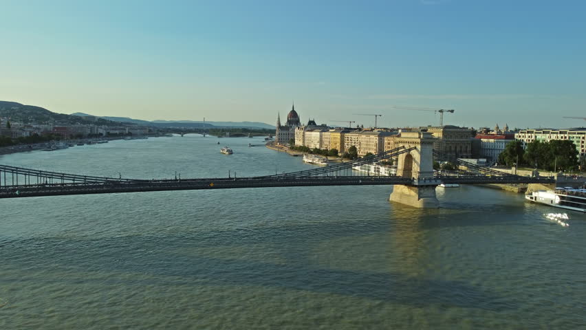 Aerial view of Budapest city and Hungarian Parliament building on Danube river, Hungary, 4k