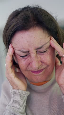 Older woman holding her head with both hands, visibly distressed and grimacing from pain. intense discomfort and strain, highlighting the emotional and physical toll of a headache