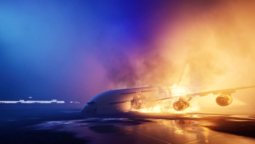 A passenger plane caught fire after an emergency landing at the airport on a rainy night. 3D animation.