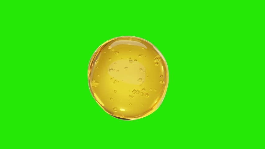 Gold serum drops essence with molecules inside loop animation, water drops with green screen. Transparent Liquid Element. Skincare, beauty, cosmetics, Realistic 3d render.