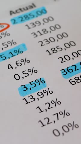 Family financial account document with paper notes. Red marker pen in hand. Monthly income and expenses. Household budget category. Financial crisis, calculates costs
