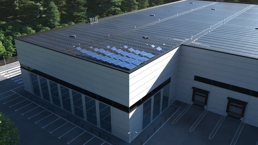 Aerial view of a modern warehouse featuring solar panels on its rooftop. Surrounded by greenery, the building highlights the integration of renewable energy solutions in industrial settings.
