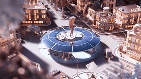 Aerial view of a modern cityscape featuring a solar-powered electric vehicle charging station. Surrounded by autonomous vehicles and illuminated buildings, showcasing renewable energy technologies. - Powered by Shutterstock - Get 15% off with code: PIKWIZARD15