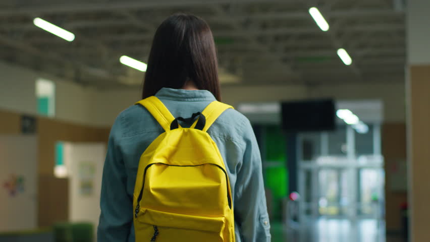 Back view Caucasian girl female woman student pupil education studying walking in school walk in university college corridor turn around invite come here gesture invitation motivate join go to lesson