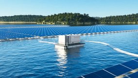 A vast floating solar farm spans a serene body of water, capturing clean energy. Set against a backdrop of lush greenery, the panels demonstrate efficient renewable energy. - Powered by Shutterstock - Get 15% off with code: PIKWIZARD15