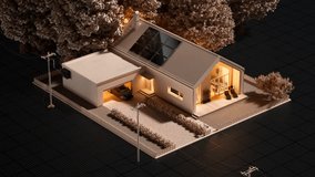 Modern, energy-efficient home featuring solar panels, an electric car, a charging station, and eco-friendly design elements. The smart home is surrounded by trees, highlighting sustainable living. - Powered by Shutterstock - Get 15% off with code: PIKWIZARD15