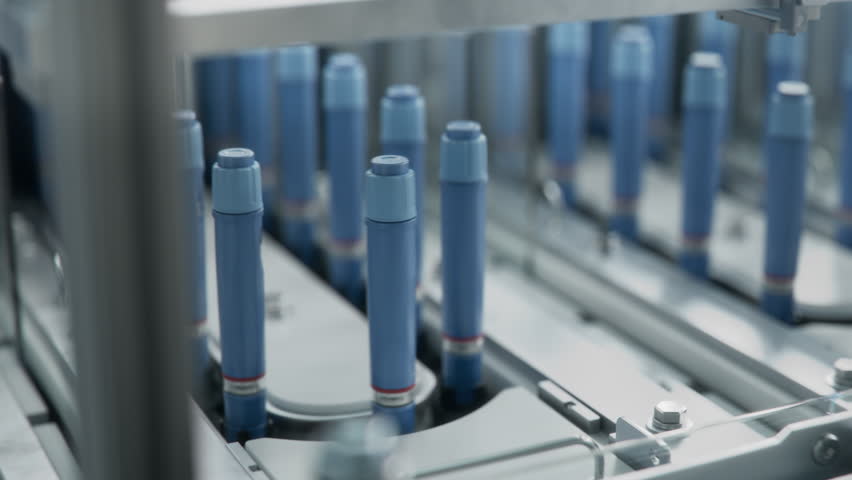Insulin Injection Pens on Conveyor Line during Production Process at Modern Pharmaceutical Factory. Weight Loss Medication Manufacturing. Medicinal Drug Production Plant.