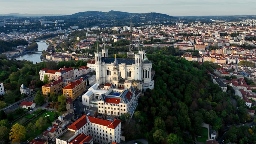 Lyon aerial view, cathedral of Notre Dame de Fourviere in Lyon, France, drone view of the French city of Lyon, famous European landmark