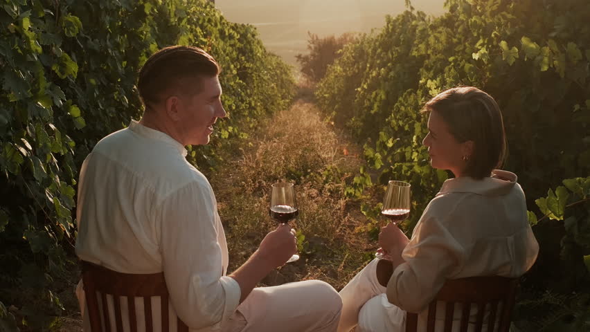 Happy smiling couple in love dating outdoors in nature drinking wine enjoy time together feeling love happiness in vineyards at sunset. Travel, anniversary celebration, wine production
