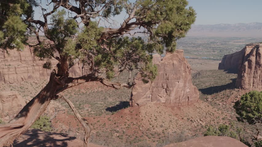 Colorado National Monument Park near the city of Grand Junction. Sheer-walled, Red rock canyons, Rim Rock Drive, Towering monoliths within a vast plateau and canyon panorama USA