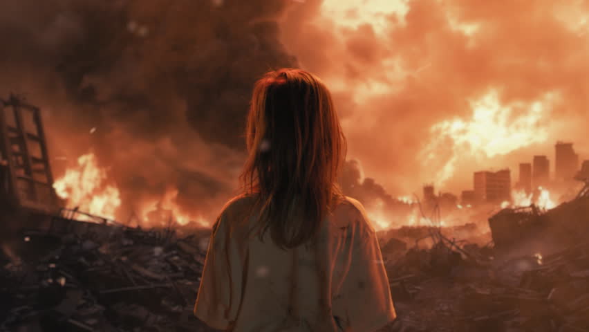 Young Girl in War Zone Facing Environmental Destruction City on Fire Pollution Tragedy Urban Ruin