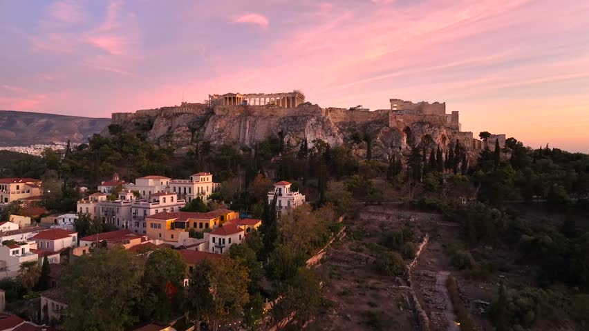 The Acropolis in Athens ,Greece symbol of Ancient Greece aerial view of a world Heritage site and  famous tourist attraction.