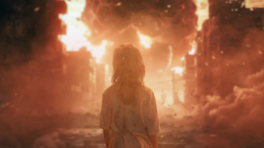 Girl Standing in Front of Huge Explosion Nuclear Blast Destruction Chaos War Danger Apocalypse Survival