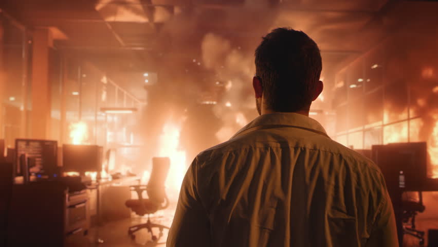Man Calm in Burning Office Flames Around Workplace Crisis Fire Control