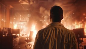 Man Calm in Burning Office Flames Around Workplace Crisis Fire Control - Powered by Shutterstock - Get 15% off with code: PIKWIZARD15
