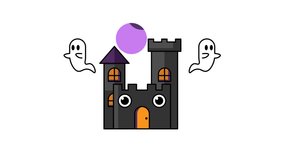 Spooky scene with haunted castle, ghosts, crescent moon, and eerie eyes in windows and door. Perfect for Halloween designs. 4k alpha channel - Powered by Shutterstock - Get 15% off with code: PIKWIZARD15