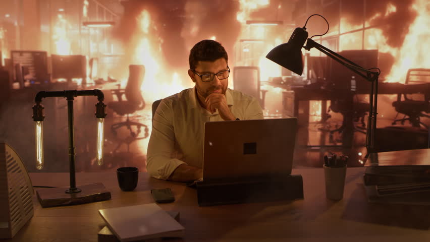 Man Calmly Drinking Coffee at Desk While Office Burns Workplace Fire Chaos Relaxed Focus