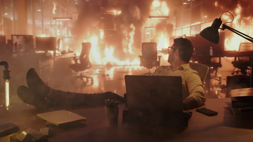 Man Sitting at Desk Drinking Coffee Unbothered by Office Fire Workplace Chaos Calm Work