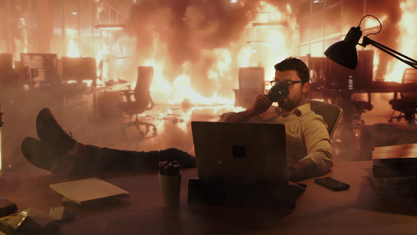 Man Sitting at Desk Drinking Coffee Unbothered by Office Fire Workplace Chaos Calm Work