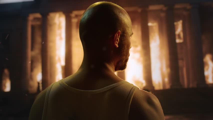 Bald Person Back View Looking At Burning Government Building Dark Contemplation Mystery