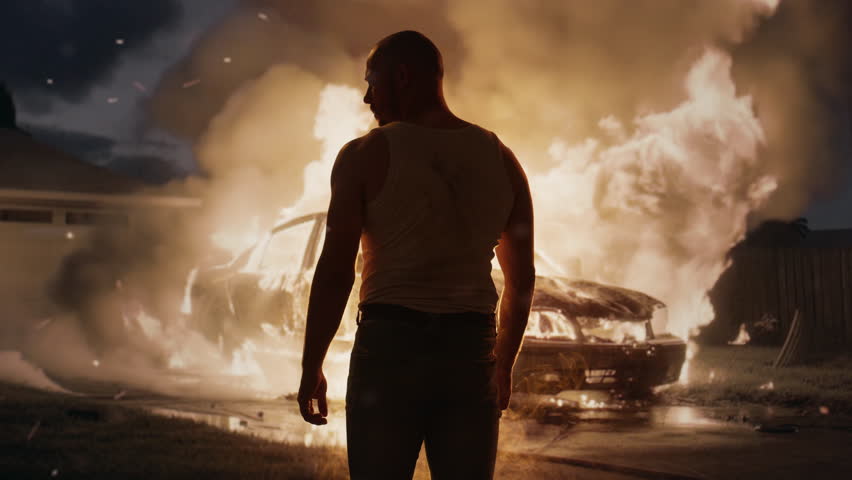 Silhouetted Man Watches Car Burn At Night Dramatic Scene Dark Cinematic Mystery Intensity