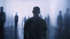 Lonely Man Faces Mysterious Shadow Figures In Foggy Corridor Paranormal Dark Dreamlike Scene - Powered by Shutterstock - Get 15% off with code: PIKWIZARD15