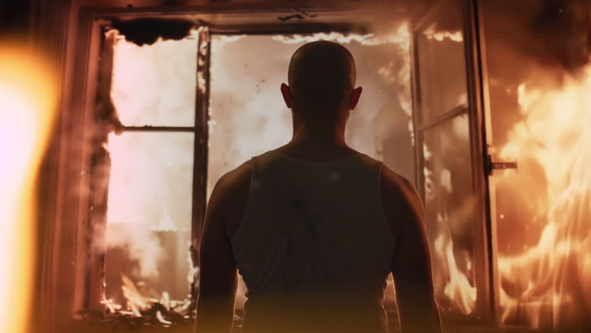 Silhouetted Man Standing In Burning Doorway Dramatic Fire Scene Emergency Escape
